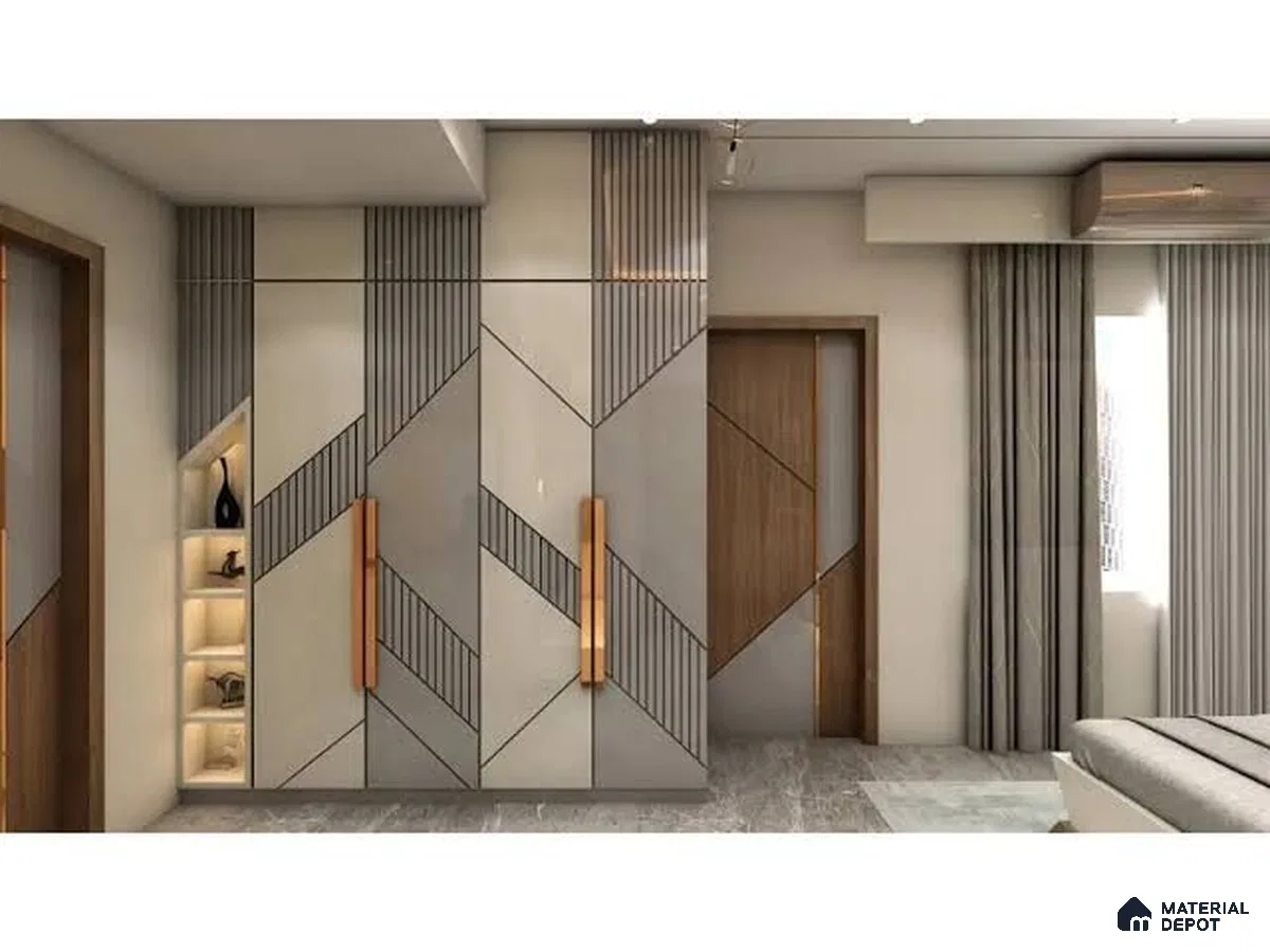 Modern bedroom with geometric patterned wardrobe in glossy beige and grey laminate | Material Depot