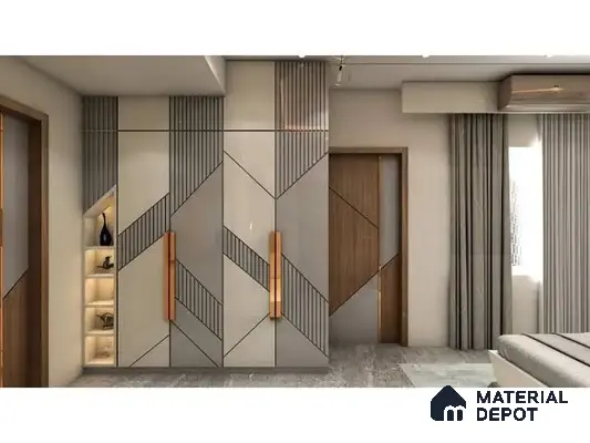 Modern bedroom with geometric patterned wardrobe in glossy beige and grey laminate | Material Depot