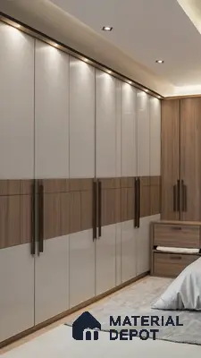 Modern bedroom with glossy beige and walnut wood laminate wardrobes | Material Depot