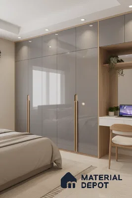 Modern bedroom with glossy grey laminate wardrobe, natural oak laminate, and beige floor tiles in Bengaluru