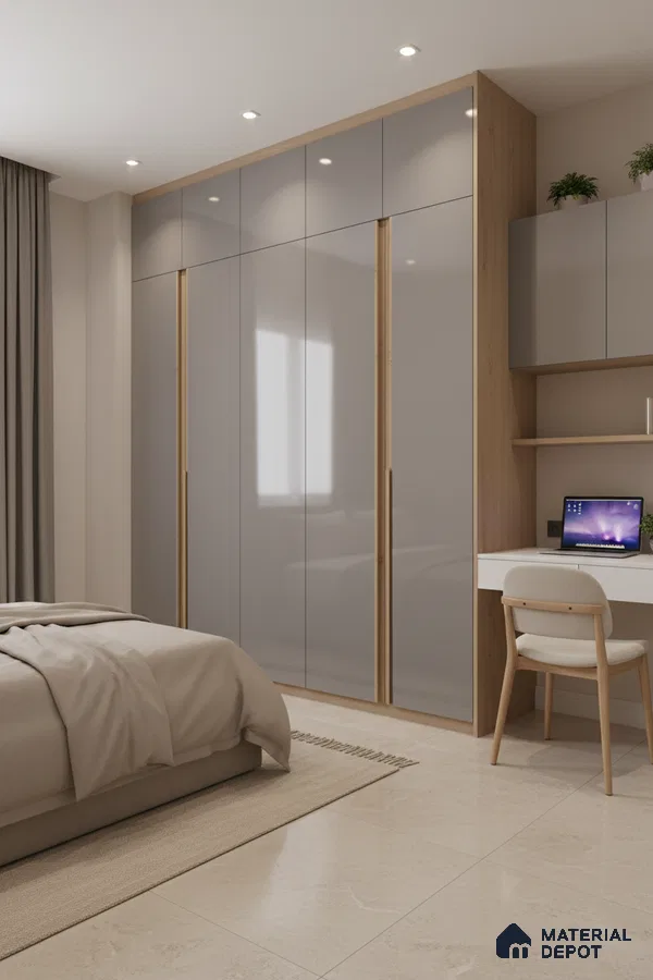 Modern bedroom with glossy grey laminate wardrobe, natural oak laminate, and beige marble floor tiles in Bengaluru