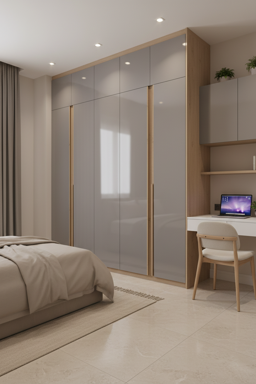 Modern bedroom with glossy grey laminate wardrobe, natural oak laminate, and beige marble floor tiles in Bengaluru