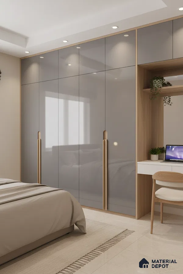 Modern bedroom with glossy grey wardrobe, natural oak laminate, and beige floor tiles in Bengaluru
