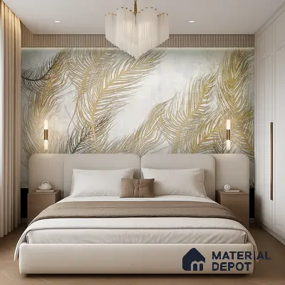 Modern bedroom with gold botanical wallpaper, beige upholstered bed, and light wood flooring in Bengaluru