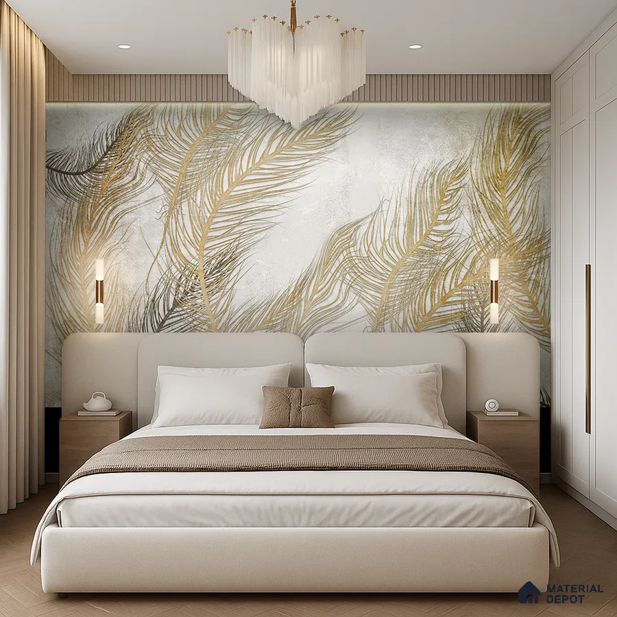 Modern bedroom with gold botanical wallpaper, beige upholstered bed, and light wood flooring in Bengaluru