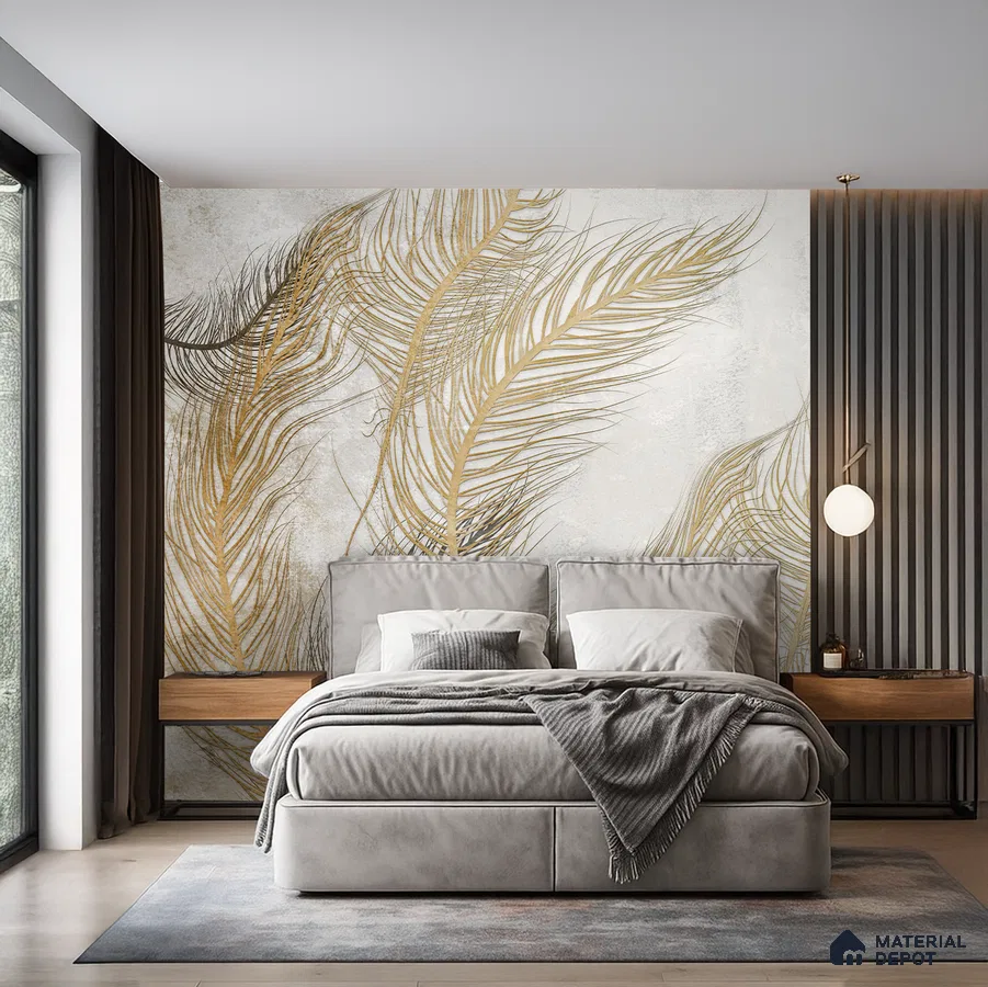Modern bedroom with gold botanical wallpaper, grey suede upholstered bed, and wood accent nightstands in Bengaluru
