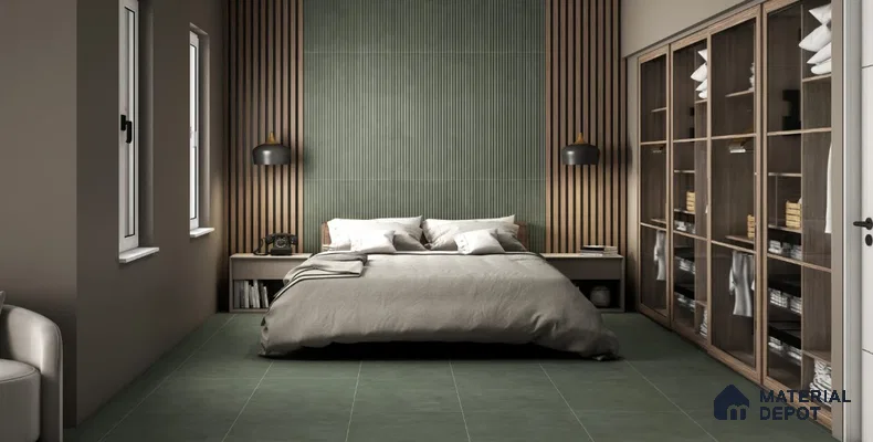 Modern Bedroom with Green Fluted Accent Wall and Wooden Elements – Elegant and Cozy Design | Material Depot