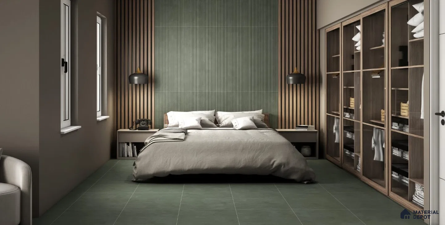 Modern Bedroom with Green Fluted Accent Wall and Wooden Elements – Elegant and Cozy Design | Material Depot