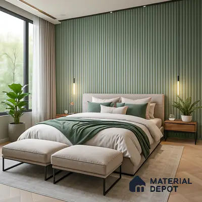Modern Bedroom with Green Fluted Wall Panels and Cozy Neutral Interiors | Material Depot