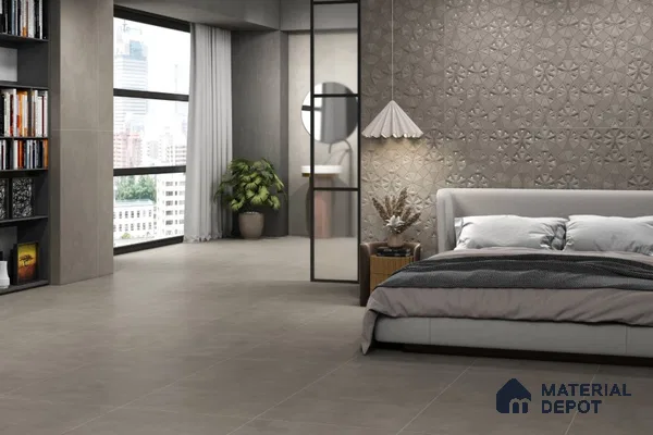 Modern Bedroom with Grey 3D Accent Wall and Matte Grey Floor Tiles – Sleek & Elegant Design | Material Depot