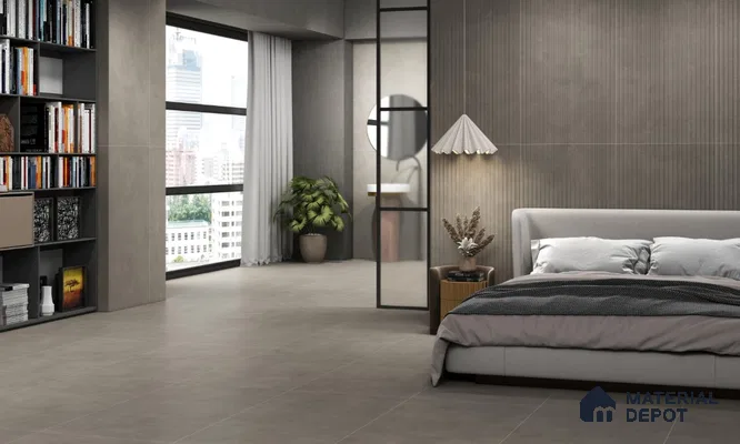 Modern Bedroom with Grey Fluted Wall Tiles and Sleek Interiors | Material Depot