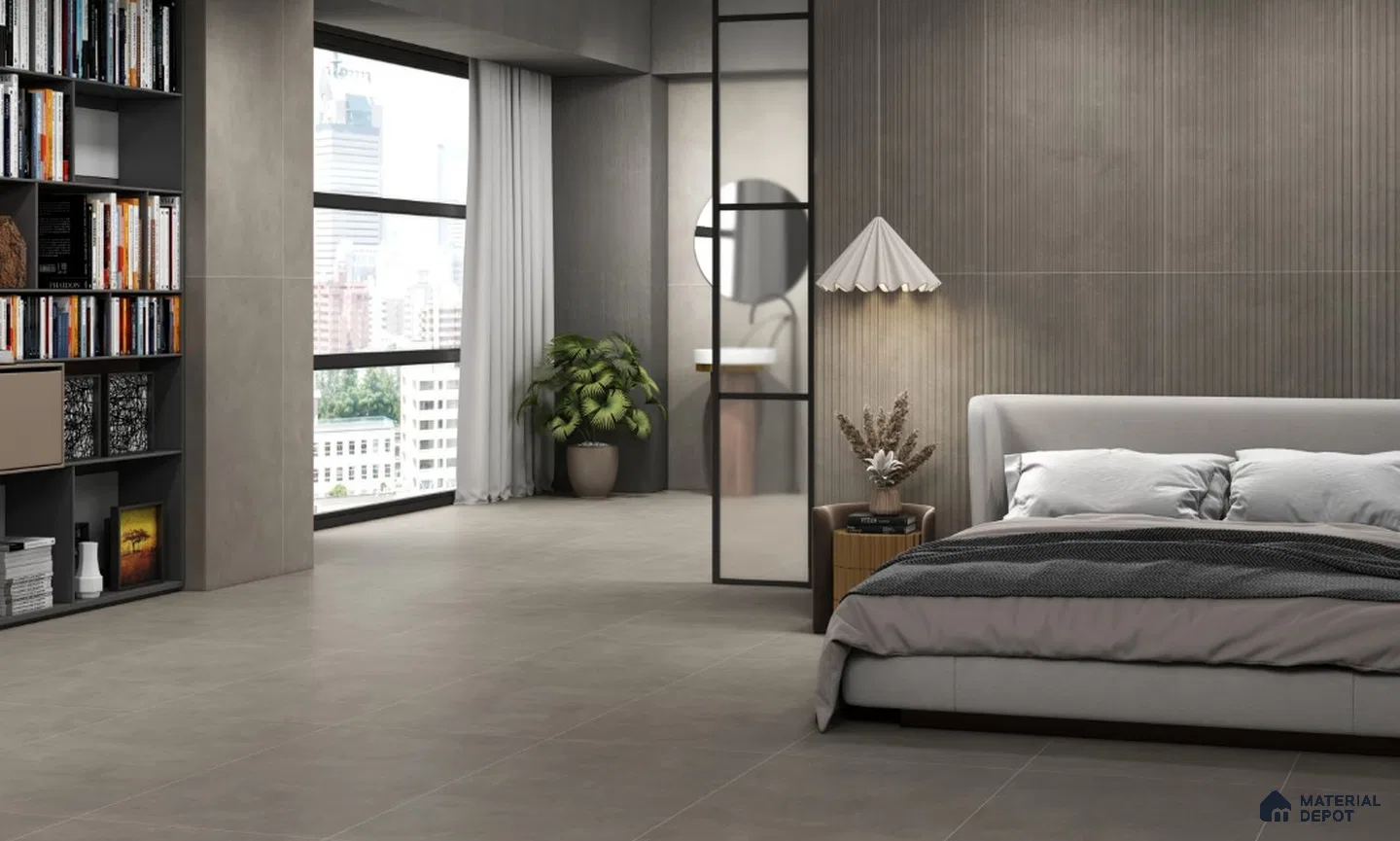 Modern Bedroom with Grey Fluted Wall Tiles and Sleek Interiors | Material Depot