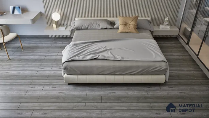 Modern Bedroom with Grey Wood Flooring and Minimalist Decor | Material Depot
