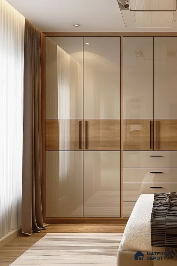 Modern bedroom with high gloss beige laminate and natural oak wood wardrobe shutters | Material Depot