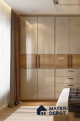 Modern bedroom with high gloss beige laminate and natural oak wood wardrobe shutters | Material Depot