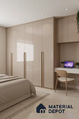 Modern bedroom with high gloss beige laminate wardrobe and light beige floor tiles in Bengaluru