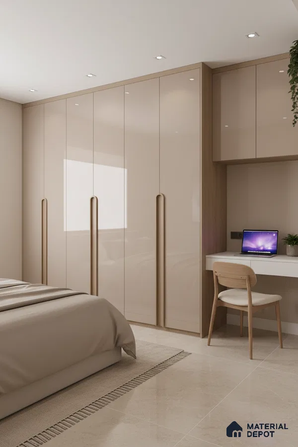 Modern bedroom with high gloss beige laminate wardrobe and light beige floor tiles in Bengaluru