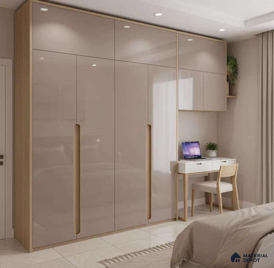 Modern bedroom with high gloss beige laminate wardrobe and light oak accents in Bengaluru