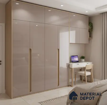 Modern bedroom with high gloss beige laminate wardrobe and light oak accents in Bengaluru