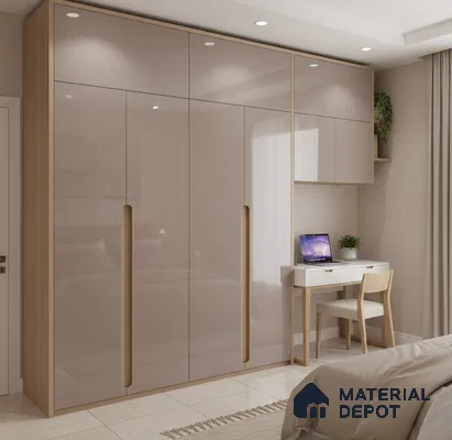 Modern bedroom with high gloss beige laminate wardrobe and light oak accents in Bengaluru