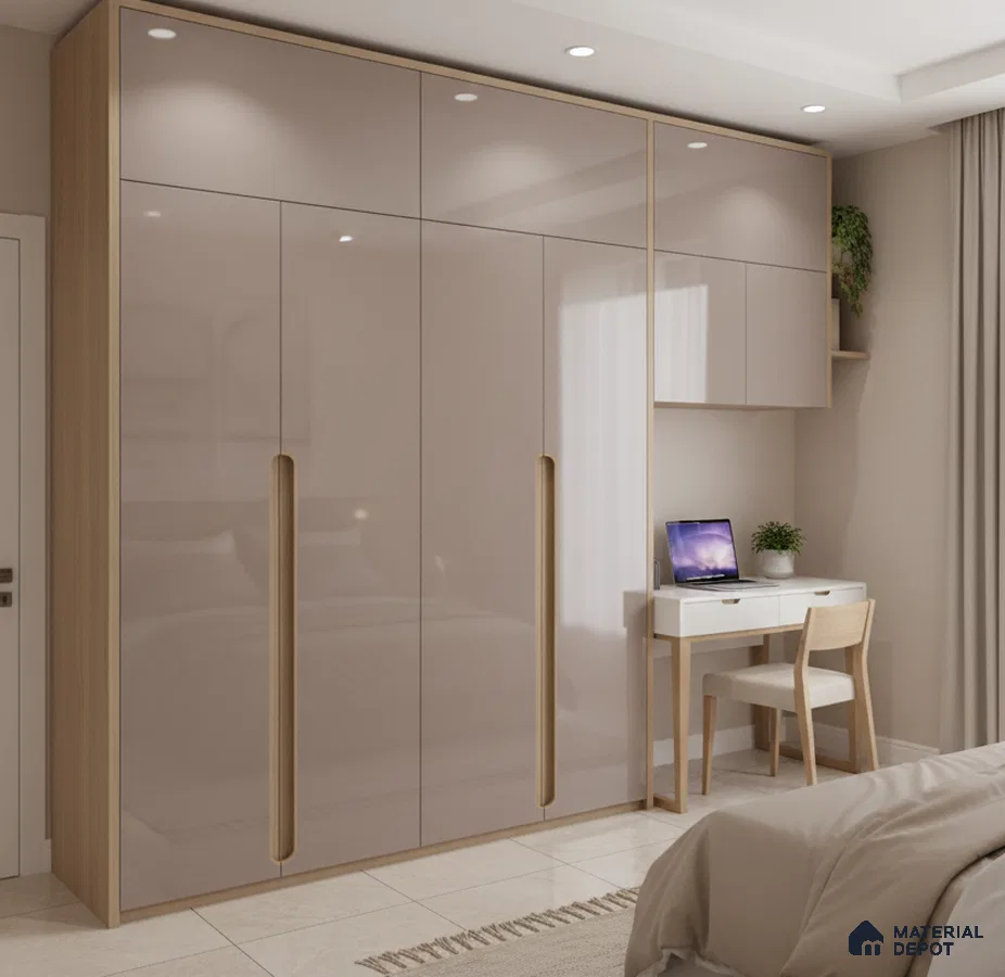 Modern bedroom with high gloss beige laminate wardrobe and light oak accents in Bengaluru