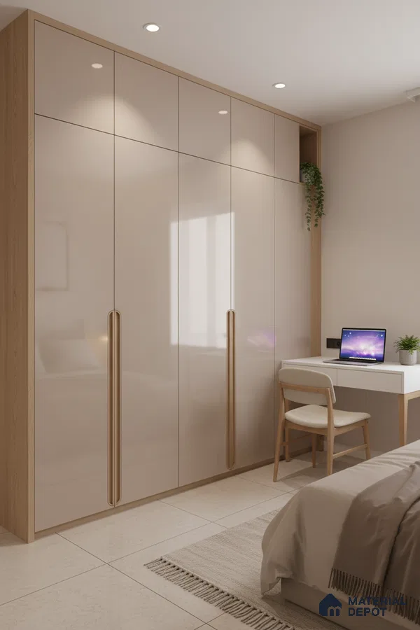 Modern bedroom with high gloss beige laminate wardrobe and light oak accents in Bengaluru