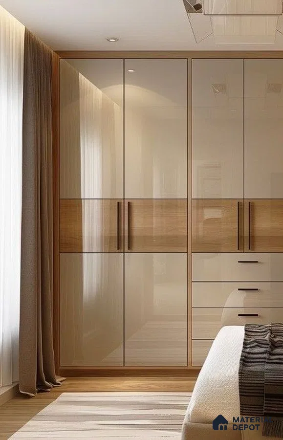 Modern bedroom with high gloss beige laminate wardrobe and natural oak wood accents | Material Depot