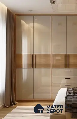 Modern bedroom with high gloss beige laminate wardrobe and natural oak wood accents | Material Depot