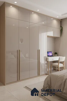 Modern bedroom with high gloss beige laminate wardrobe, oak wood accents, and marble floor tiles in Bengaluru