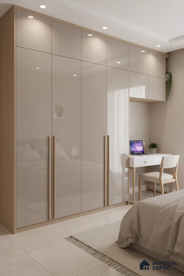 Modern bedroom with high gloss beige laminate wardrobe, oak wood accents, and marble floor tiles in Bengaluru