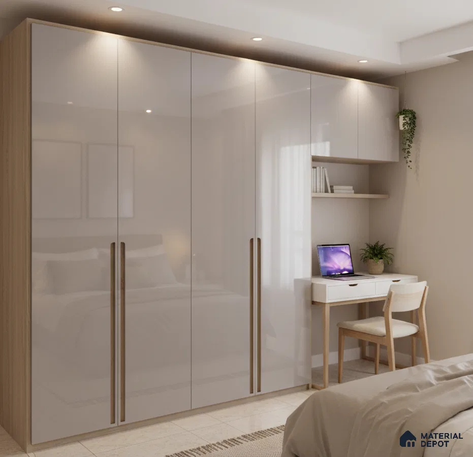 Modern bedroom with high gloss beige wardrobe and light wood study desk in Bengaluru