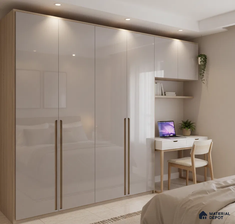 Modern bedroom with high gloss beige wardrobe, light oak laminate, and integrated study desk in Bengaluru