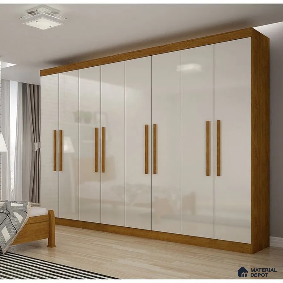 Modern bedroom with high gloss frosty white laminate wardrobe and walnut brown wood laminate accents | Material Depot