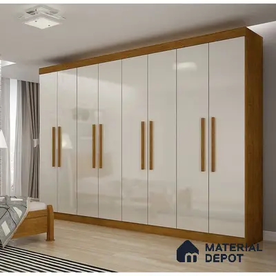 Modern bedroom with high gloss frosty white laminate wardrobe and walnut brown wood laminate accents | Material Depot