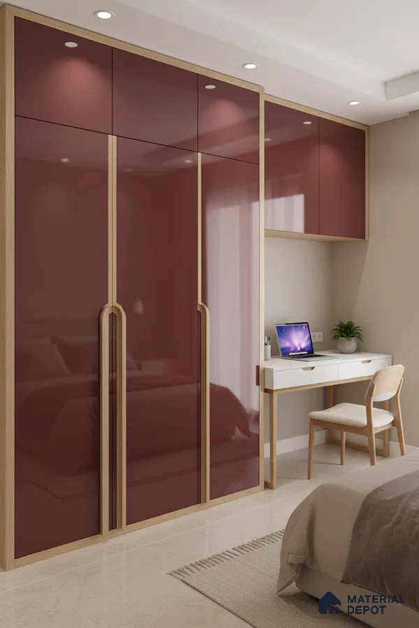 Modern bedroom with high gloss maroon laminate wardrobe and light oak accents in Bengaluru