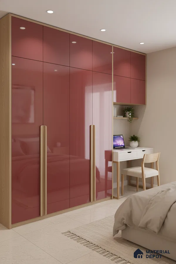 Modern bedroom with high gloss rose pink laminate wardrobe and light oak accents in Bengaluru
