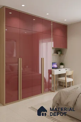 Modern bedroom with high gloss rose pink wardrobe laminate and oak wood finish in Bengaluru