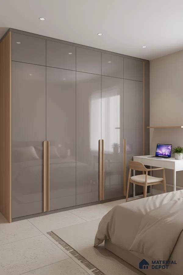 Modern bedroom with high gloss taupe laminate wardrobe and light oak accents in Bengaluru