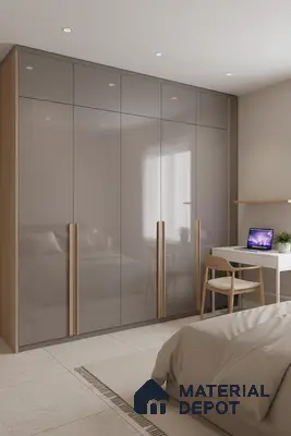 Modern bedroom with high gloss taupe laminate wardrobe and light oak accents in Bengaluru