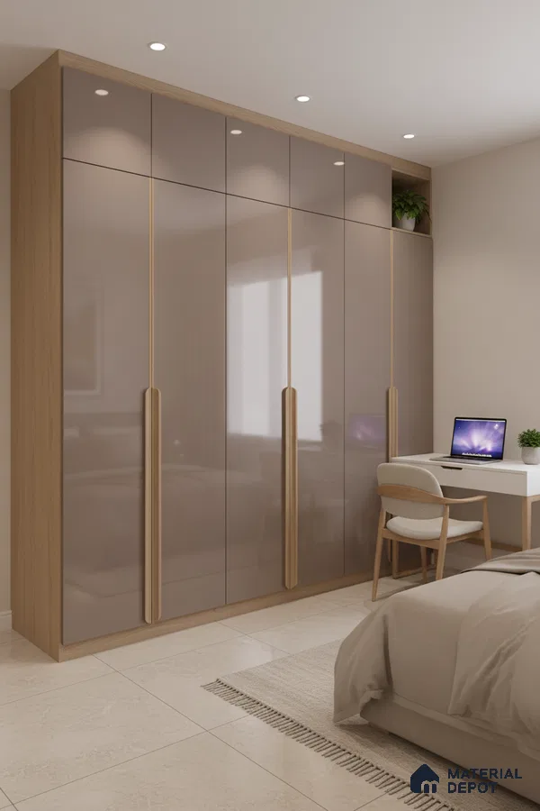 Modern bedroom with high gloss taupe laminate wardrobe and light oak accents in Bengaluru