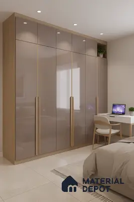 Modern bedroom with high gloss taupe laminate wardrobe and light oak finish in Bengaluru