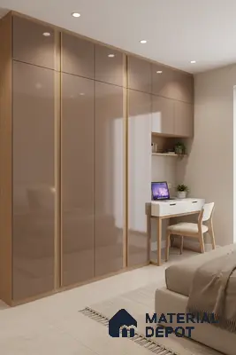 Modern bedroom with high gloss taupe laminate wardrobe and oak wood accents in Bengaluru