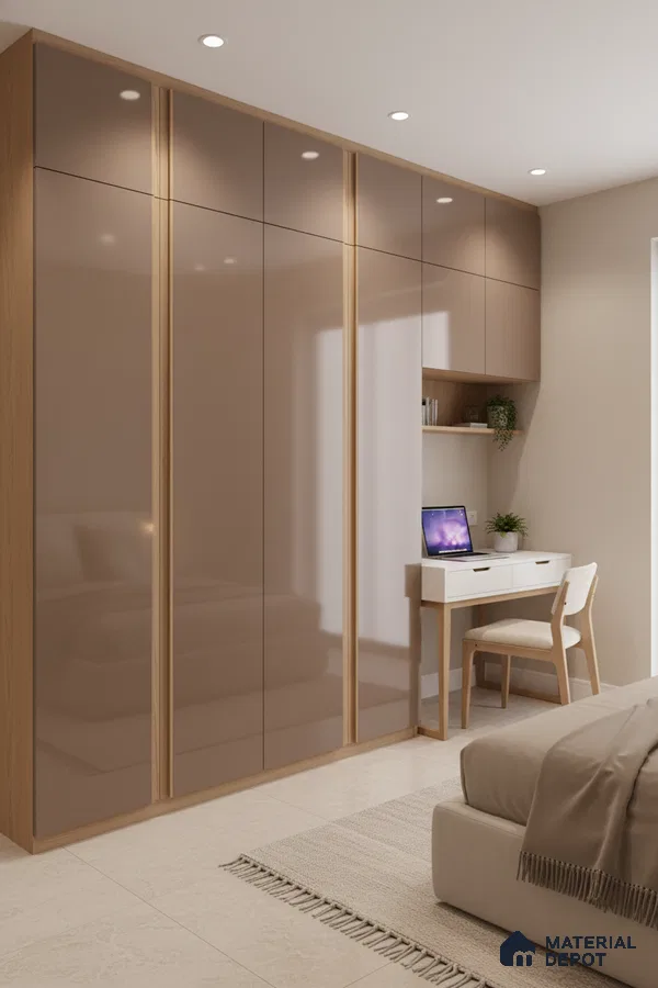 Modern bedroom with high gloss taupe laminate wardrobe and oak wood accents in Bengaluru