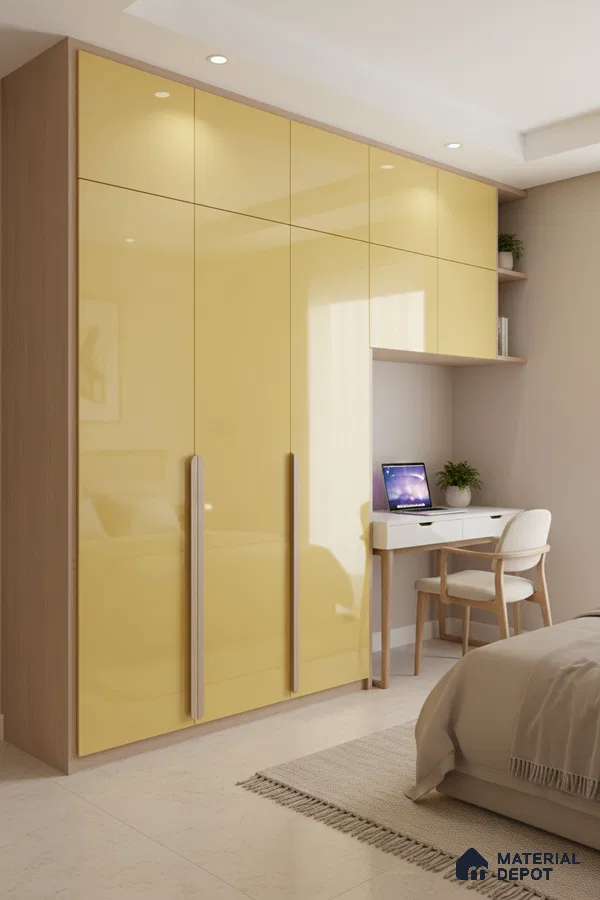 Modern bedroom with high gloss yellow laminate wardrobe and light wood accents in Bengaluru