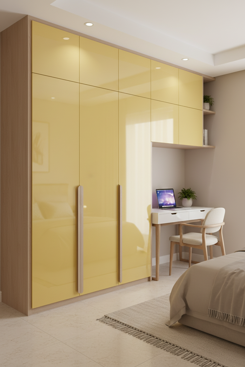 Modern bedroom with high gloss yellow laminate wardrobe and light wood accents in Bengaluru