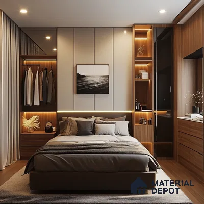 Modern Bedroom Design with Integrated Storage and Warm Lighting Brigade Nanda Heights Padmanabhanagar | Material Depot