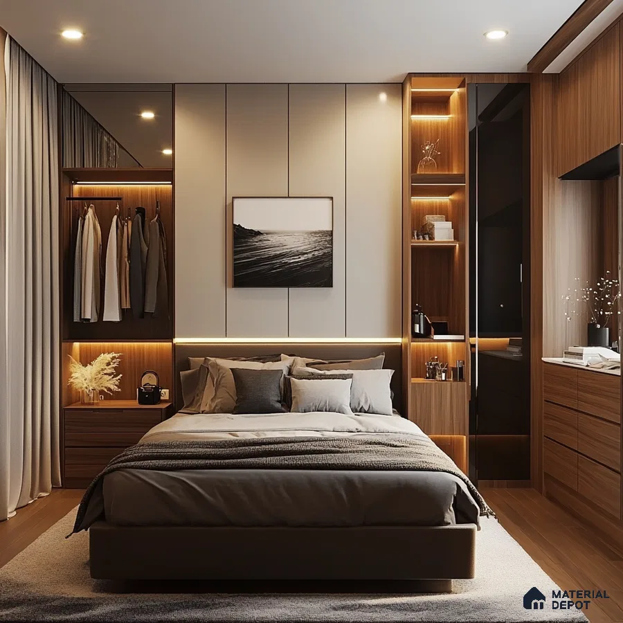 Modern Bedroom Design with Integrated Storage and Warm Lighting Brigade Nanda Heights Padmanabhanagar | Material Depot