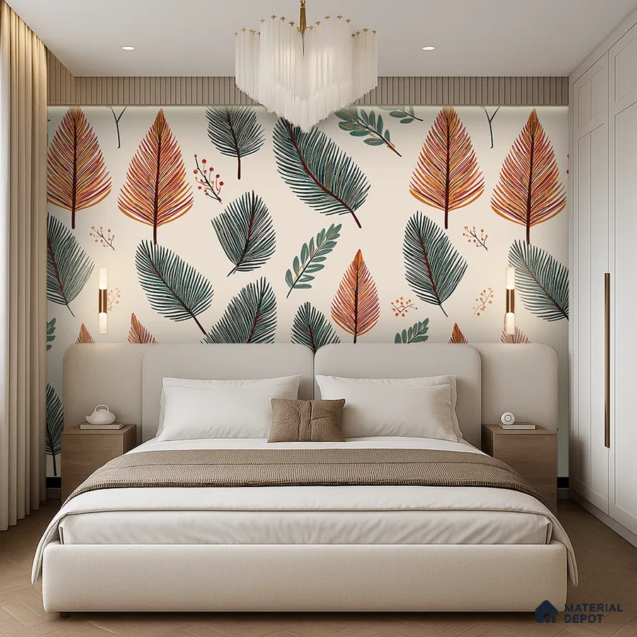 Modern bedroom with leaf patterned wallpaper, beige upholstery, and wooden flooring in Bengaluru
