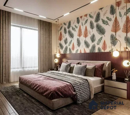 Modern bedroom with leaf patterned wallpaper, fluted wood panel headboard, and wooden flooring in Purva-Riviera-Whitefield 3 BHK Bengaluru Apartment