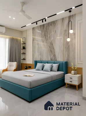 Modern Bedroom with Marble Tile Accent Wall and Grey Glossy Marble Flooring in 2BHK NCC Maple Heights, Whitefield | Material Depot